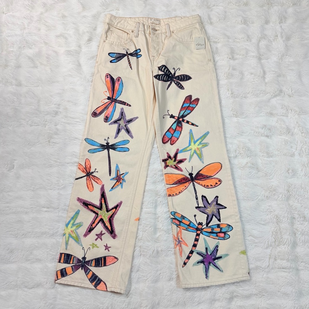 We The Free Cream Wide-Leg Jeans with Multicolor Dragonfly & Starfish Print - Picture 2 of 10
